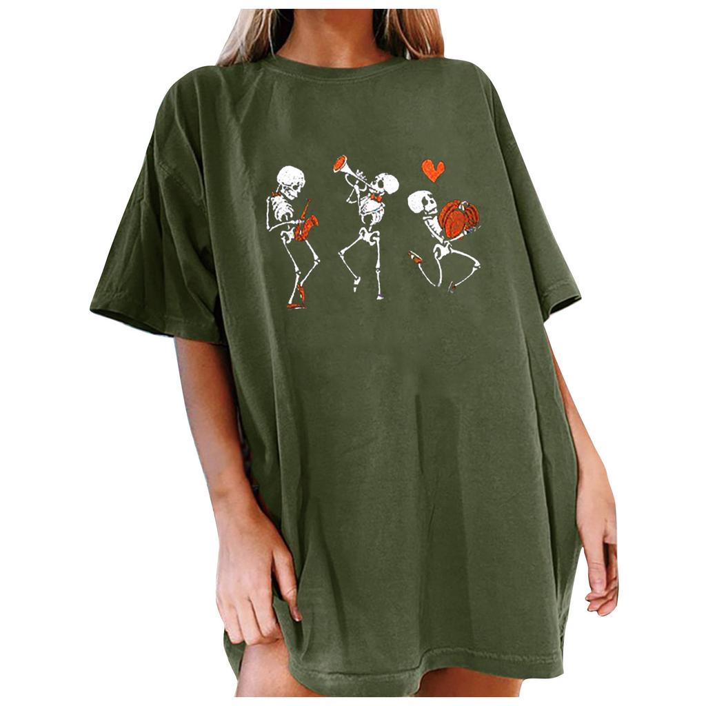 Women's Loose Blouse Round Neck Short Sleeve Halloween  Print T-shirt Top