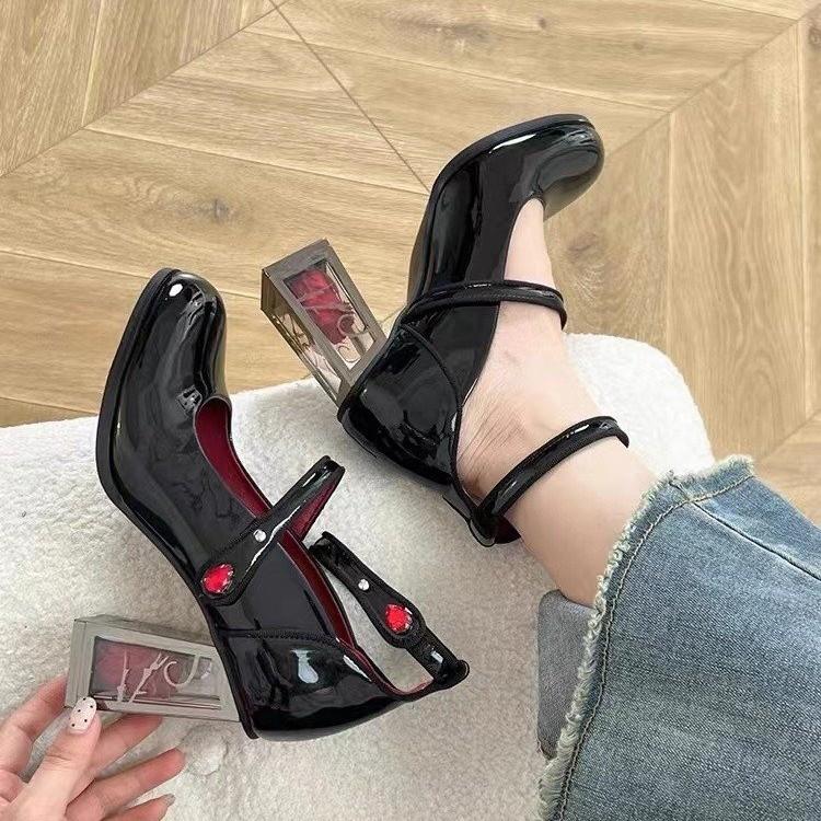 Punk Gothic High Heels Pumps Women's Rose Heeled Leather Lolita Shoes Woman Ankle Straps Black Mary Jane Shoes for Women Tacones