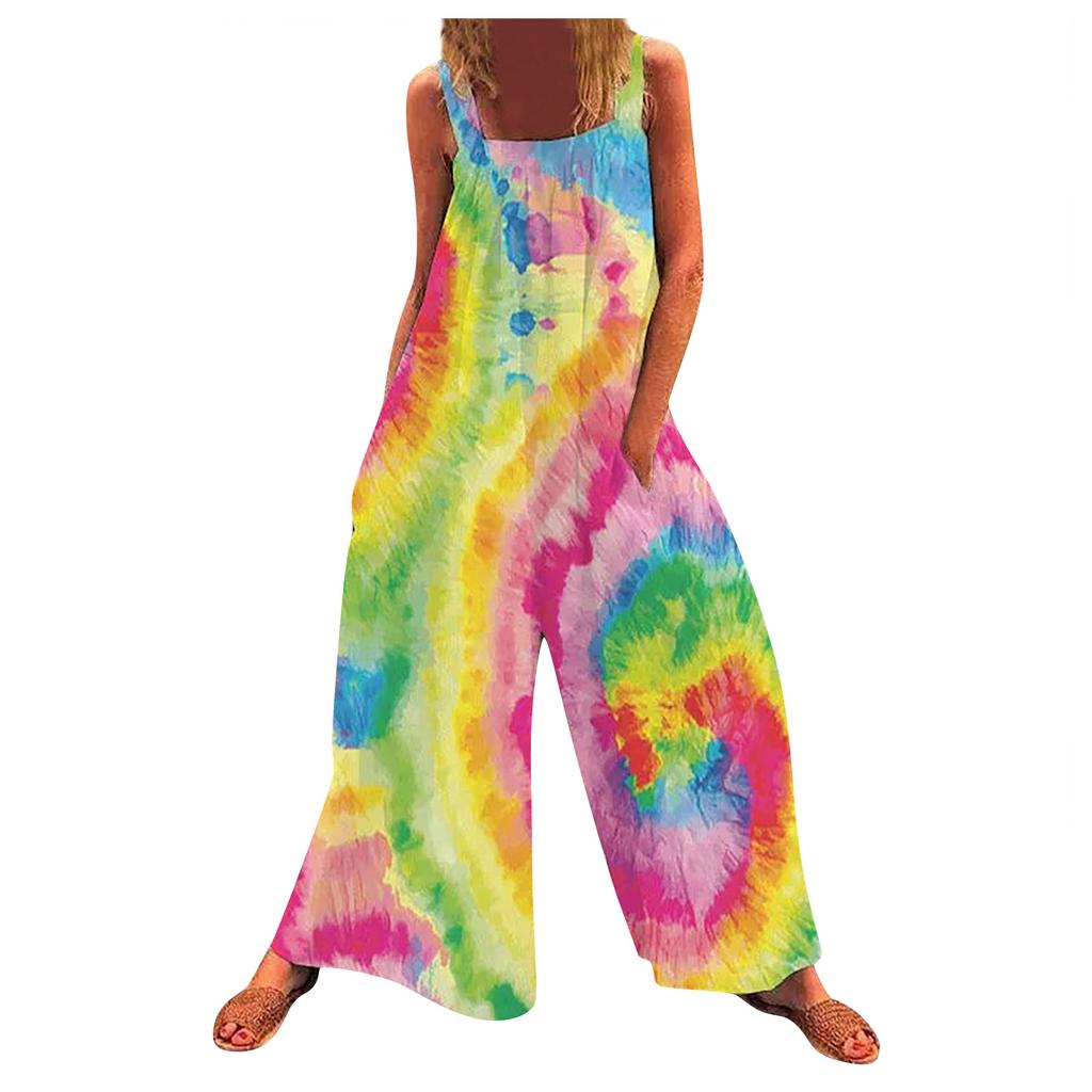 Damen-Overall, lässiger Druck, weites Bein, Overall, Latzhose, ärmellose Träger mit Taschen, Outfits