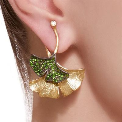 Pendientes bohemios Ginkgo Biloba de doble Color con hojas de plantas, pendientes colgantes de Color dorado, pendientes de cristal verde brillante para mujer, joyería llamativa