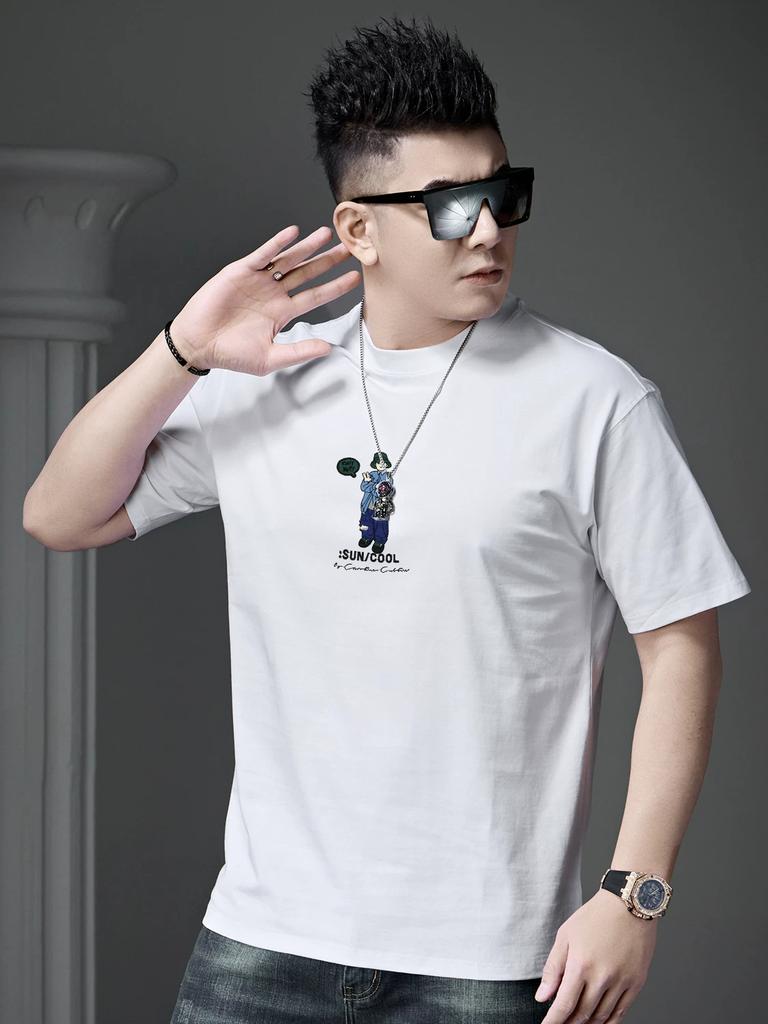 European Goods 2025 New Summer Trendy Brand Cartoon Embroidery Printed Short-Sleeved T-Shirt Men's Round Neck Top Half-Sleeved T-Shirt