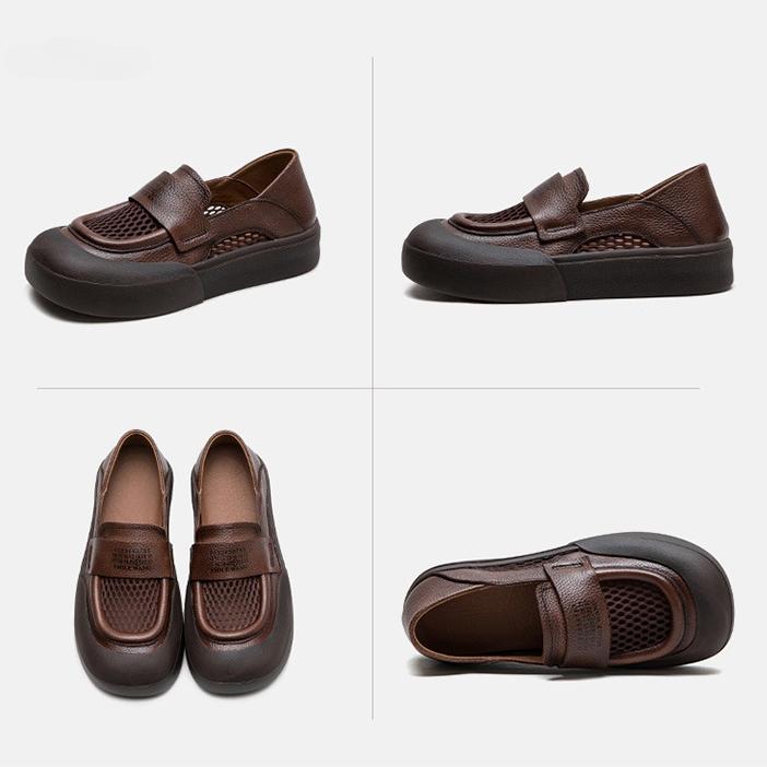 Johnature Versatile Breathable Mesh Flat Shoes Retro Genuine Leather Comfortable Sandals Women's Slip-on Shoes
