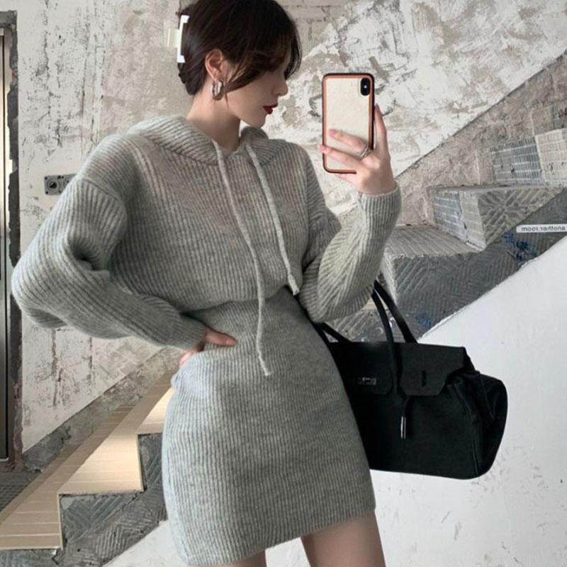 Svetrové šaty Dámské Francouzské High-end Malá vůně Pletený svetr bokové šaty Podzimní a zimní šaty Pulovr Žena