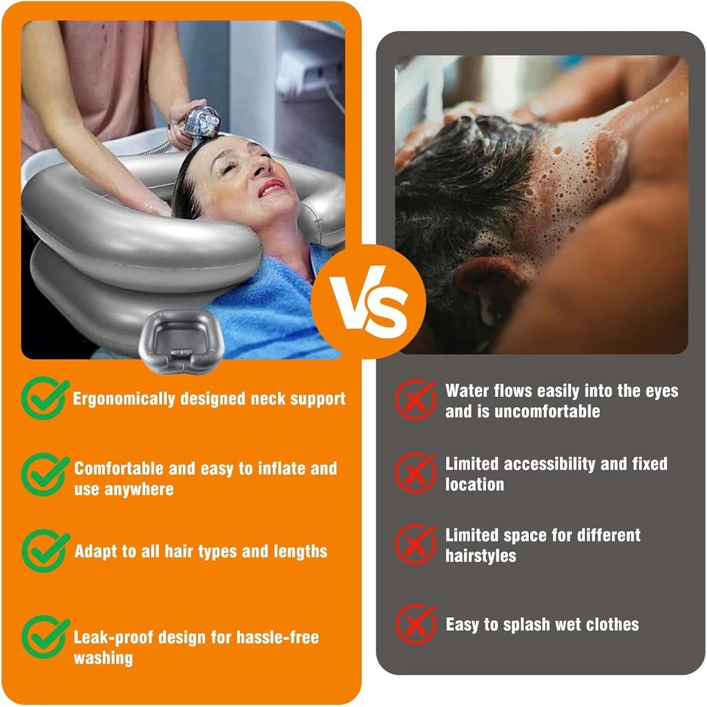 Disabled Hair Washing Aids with Drainage Tube & Built-In Pillow, Foldable Inflatable Hair Wash Basin, Portable Home Shampoo Sink, Bedside Washing