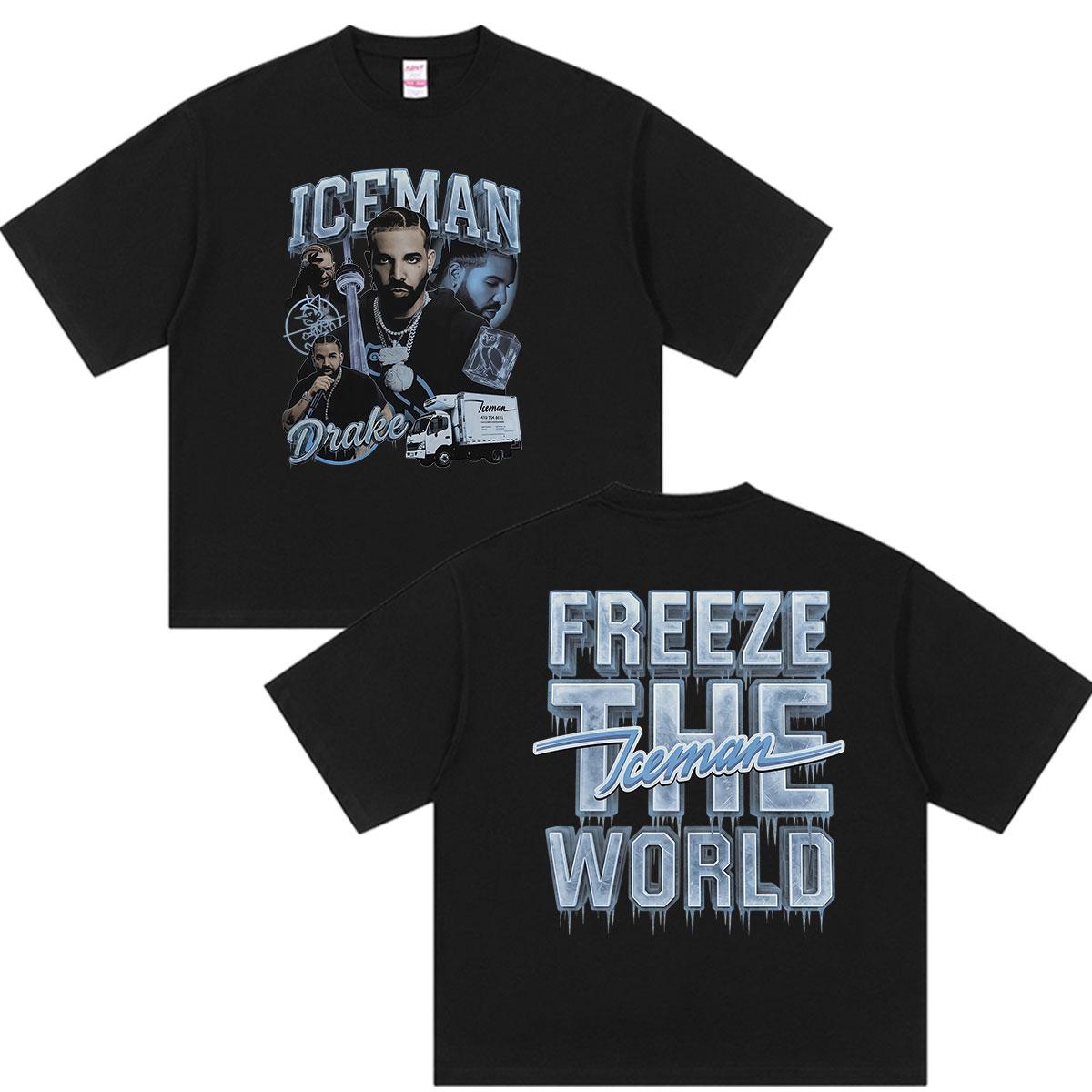 Rapper Drake Iceman Freeze The World Album Graphic Shirts Men Vintage Fashion Oversized Cotton T-shirt Fan Gifts S