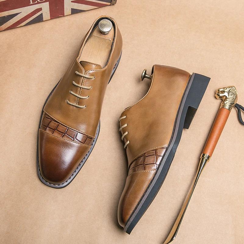 New Black Derby Shoes for Men Brown Square Toe Lace-up Business Handmade Men Dress Shoes  Size 38-46 Mens Shoes