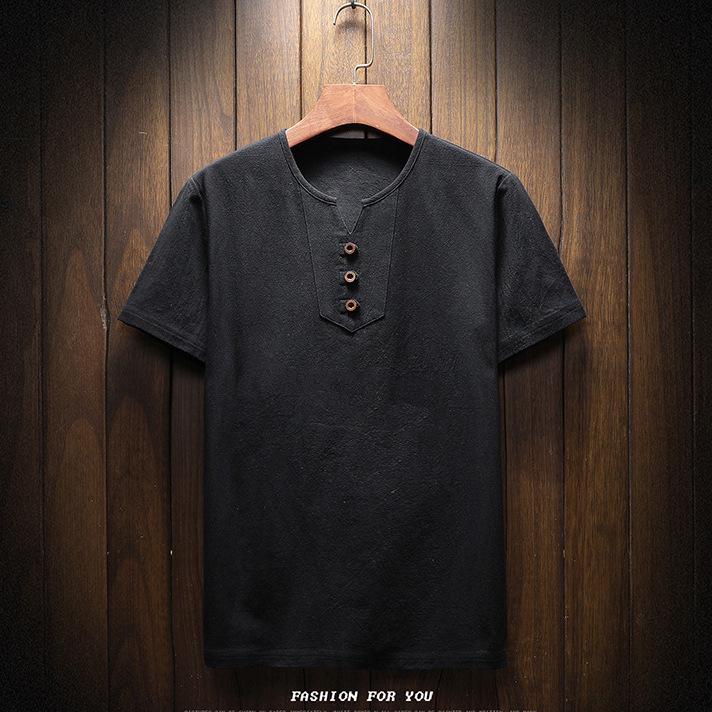 

Men s Summer 2026 Cotton Linen Two-Button Short Sleeve T-Shirt - Soft & Breathable 5XL
