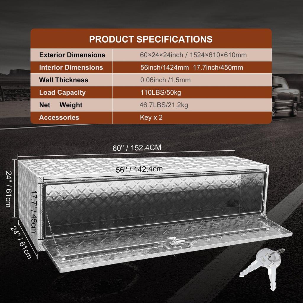 Underbody Truck Box, 60"×24"×24" Pickup Storage Box, Heavy Duty Aluminum Diamond Plate Tool Box with Lock and Keys, Waterproof Trailer Storage Box