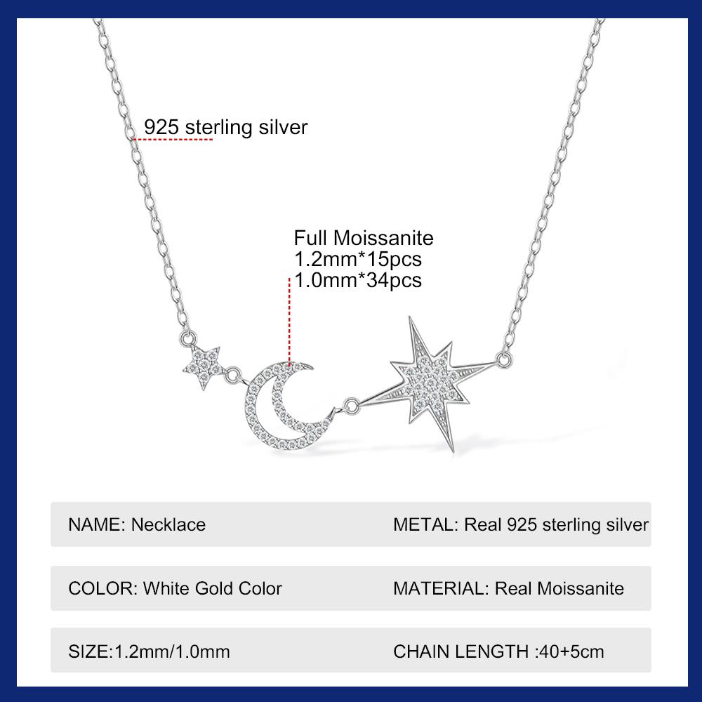 Sweetrain Full Moissanite Necklace for Women 925 Silver Star&Moon Pendant 18k white Plated Female Necklace