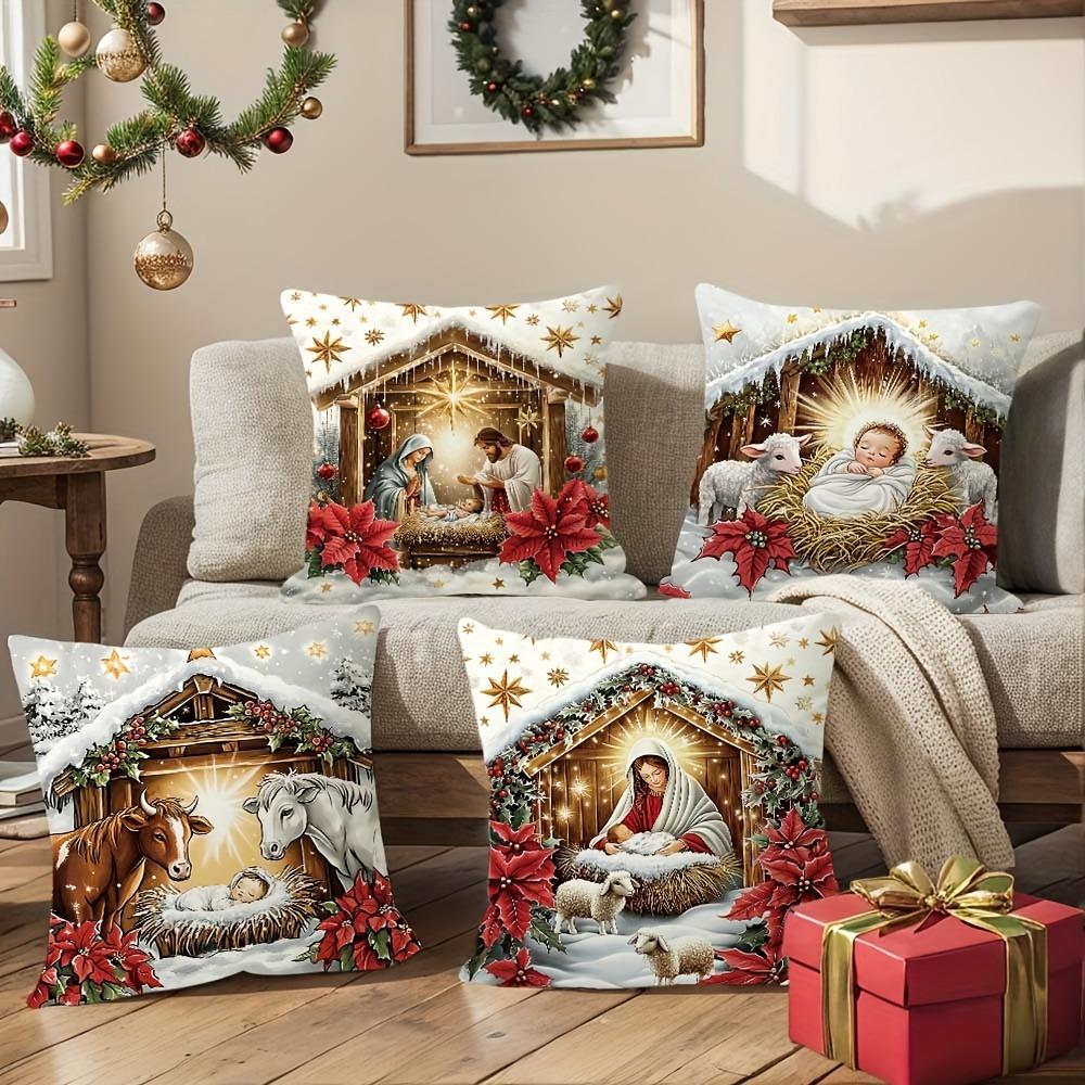 Short Plush Material Pillowcasechristmas Nativity Scene Pillowcases: Baby Jesus With Mary, Joseph, Cows, And Lambs Sofa Room Cus