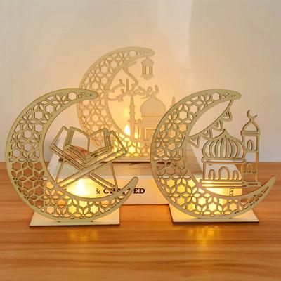Pingente de Madeira EID Mubarak com Luzes de Velas LED Decorações de Ramadão Para Casa Decoração de Eid de Festa Islâmica Muçulmana Kareem Ramadão