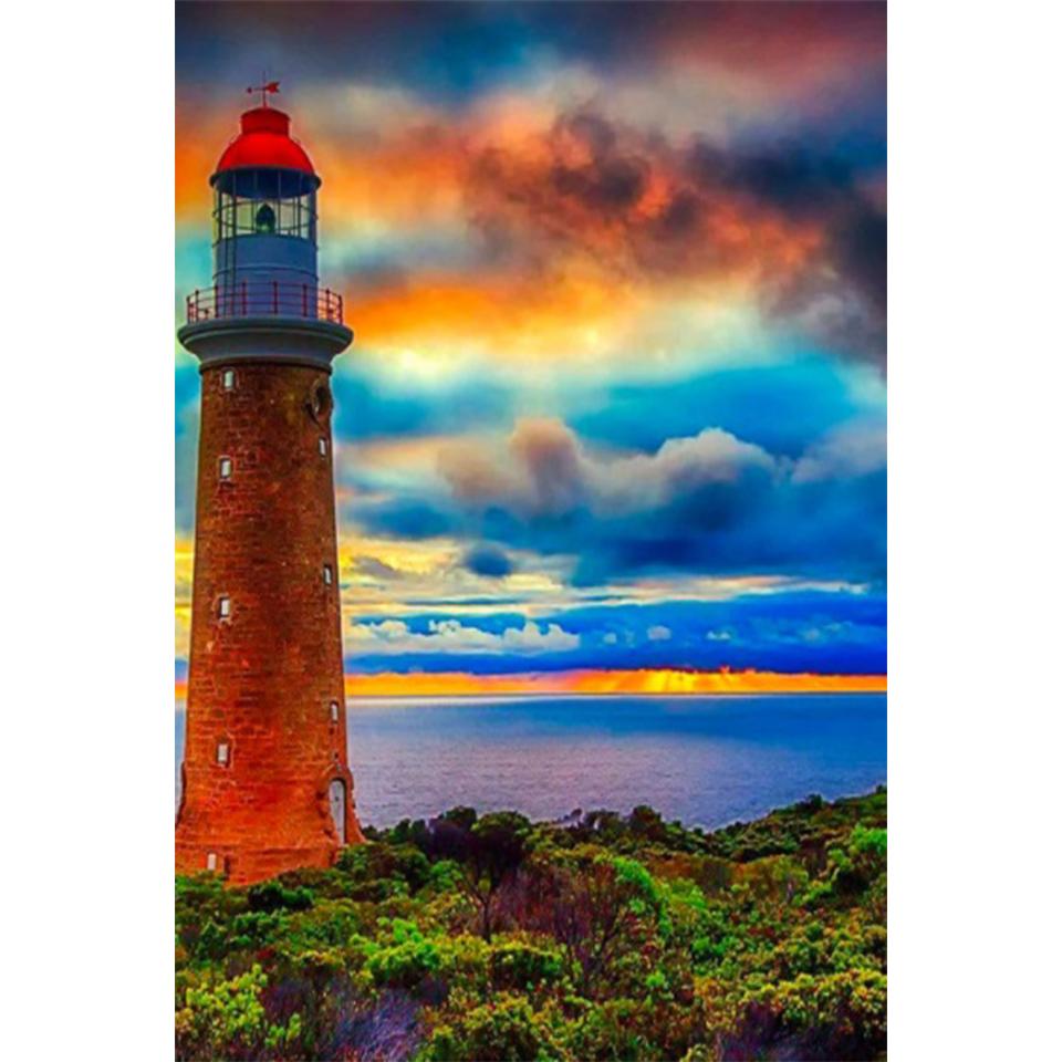 DIY 5D Lighthouse Landscape Diamond Painting Rhinestone Picture Full Round Full Diamond Embroidery Gift Mosaic Decoration Kit