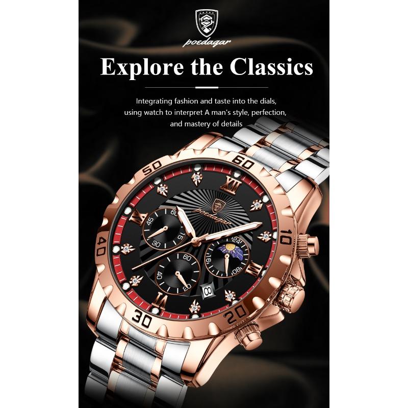 POEDAGAR Luxury Military Watch For Men Waterproof Luminous Chronograph Date Wristwatch Stainless Steel Quartz Watches