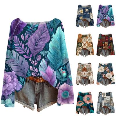 Damski lekki sweter casual z długim rękawem dzianinowy vintage z kwiatowym nadrukiem pulower