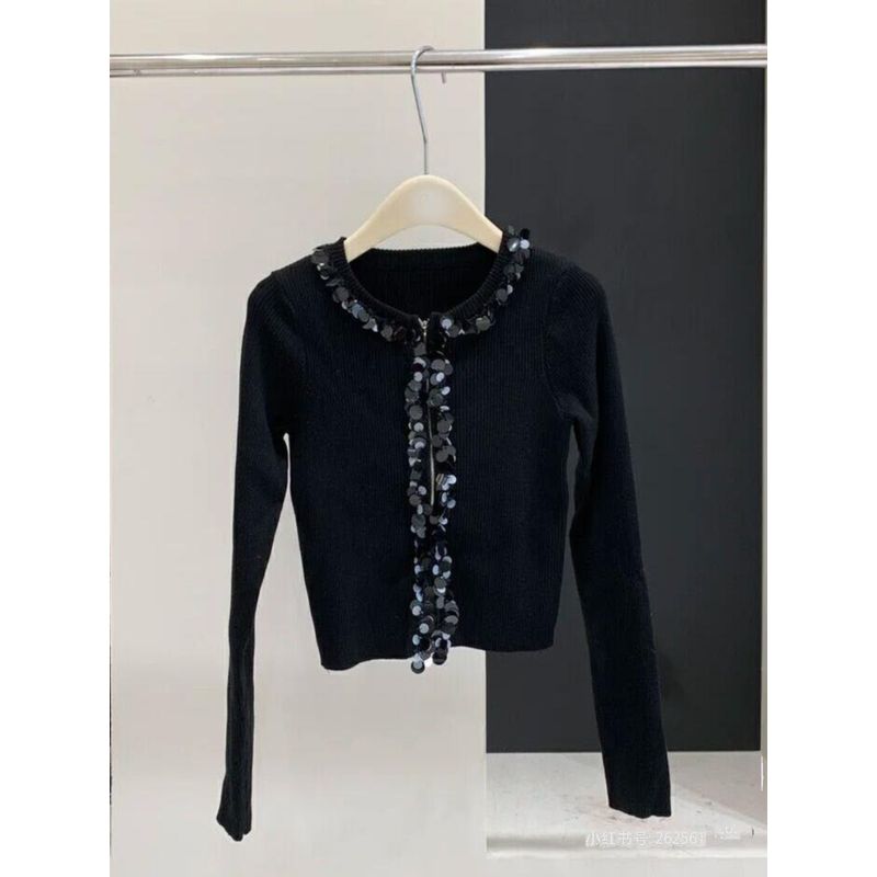 

Heavy Embroidery Sequins Side Embroider Long-Sleeve Zipper Knitting Cardigan Sweater Outwear Easiest for Match 2024 New Arrival Fall and Winter Female Black S