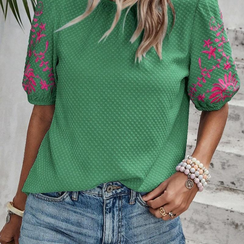 Women's Embroidered Blouse Short Sleeve Crew Neck Floral Sleeve Casual Summer Top