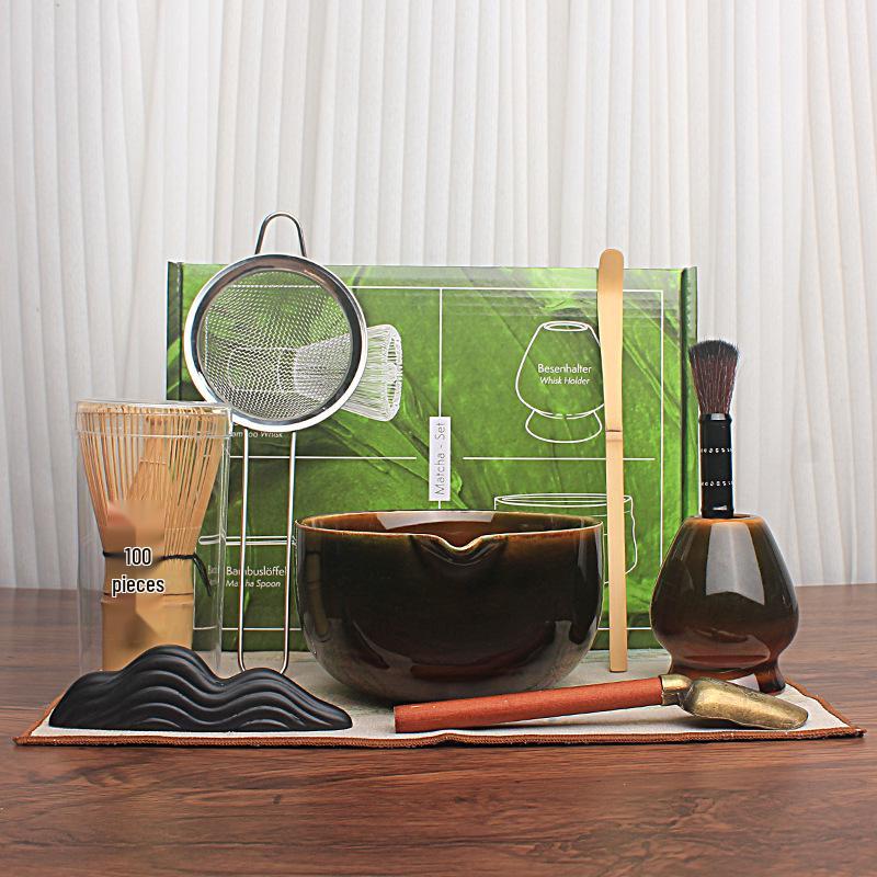 Japanese Matcha Tea Set: Kiln-Fired Glaze Gift Box with Whisk, Brush & Hundred-Prong Stand - Multiple Styles Available.
