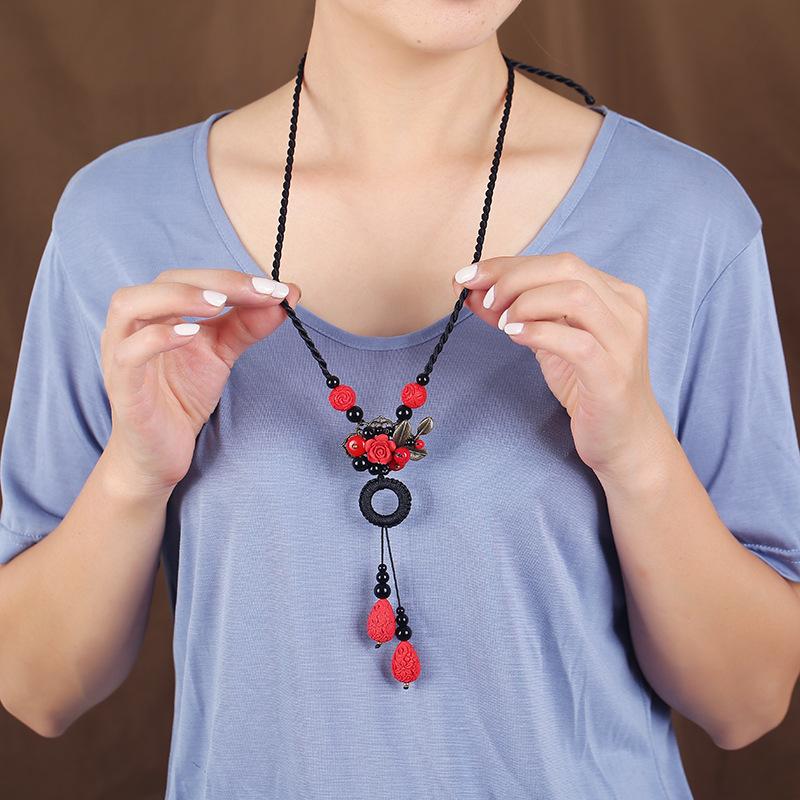 Handmade retro cinnabar flower necklace sweater chain long female temperament classical earrings set with accessories