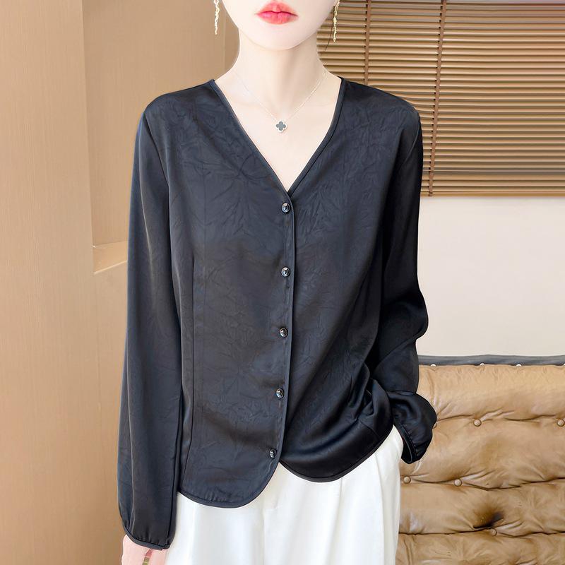 Women's Silk Satin V-Neck Long Sleeve Loose Shirt