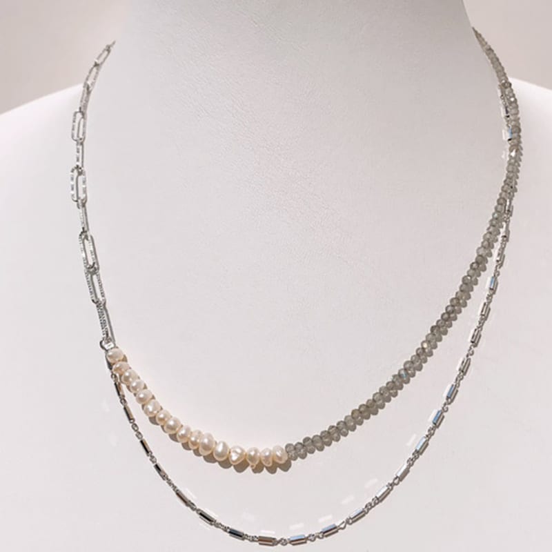 ozel Silver 925 Labradorite Fresh Water Pearl Layered Necklace PS113N