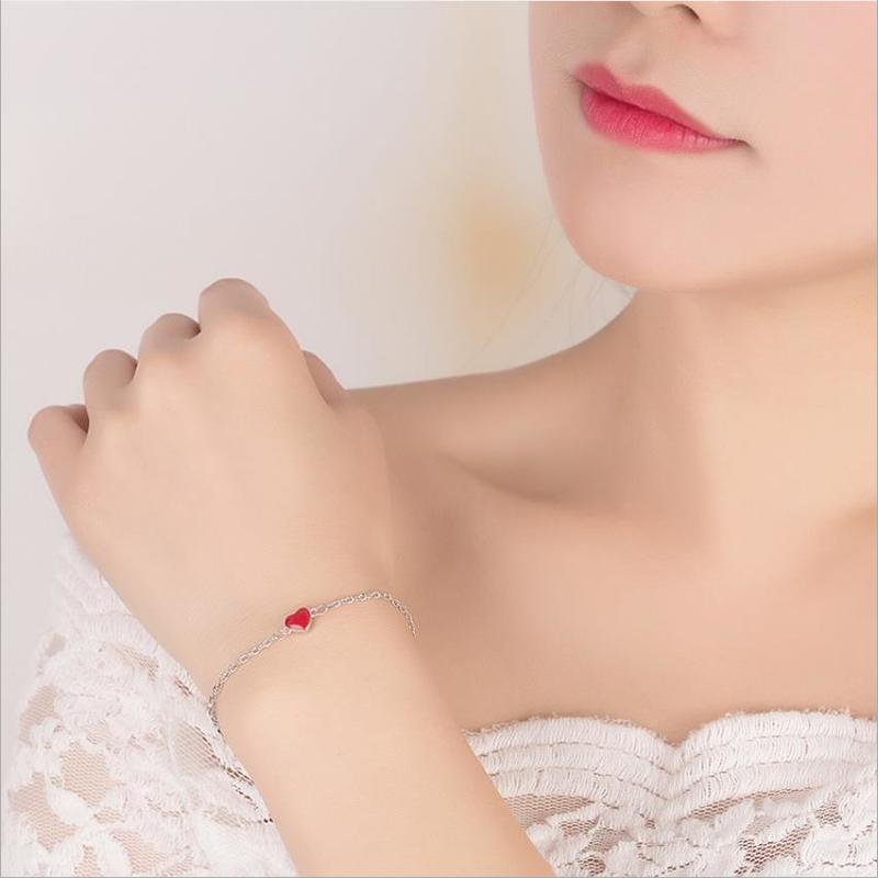 Charm Glaze Red Heart Bracelets Jewelry for Women Vintage 925 Sterling Silver Bracelets for Lady Accessories Female