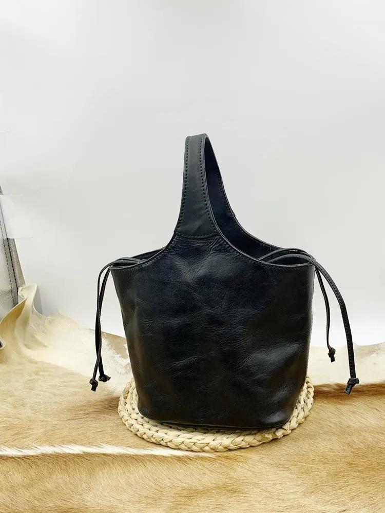 Johnature Genuine Leather Retro Bucket Bag Commuter Large Capacity Soft Cowhide Solid Color Women's Shoulder Bag