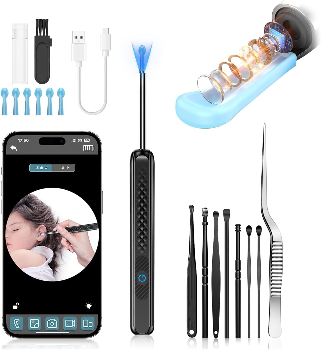 

New Removal Camera with 15MP Resolution WiFi Smartphone Streaming LED Light IP67 Suitable for Earwax Cleaning Camera 2025 ModelEarwax Connection, чорний