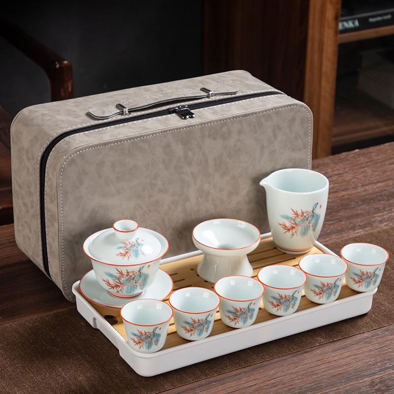 Celadon travel tea set creative kung fu ceramic cover bowl teacup tea tray full set of business gifts