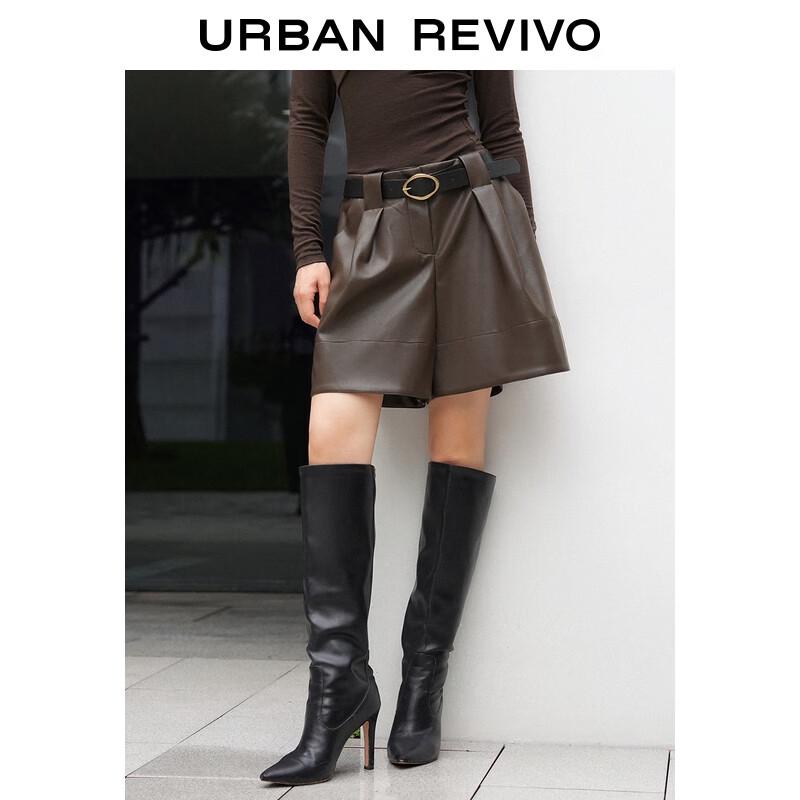 UR2025 Women's Winter Amber Flow Pleated Faux Leather Belted Shorts