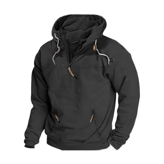 Heren Herfst Winter Hoodie met Zak Koord Halve Rits Capuchon Vintage Stijl Lange Mouwen Effen Kleur Middellang Losse Casual Dagelijkse Top