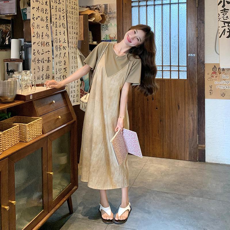 Summer 2025 Women's Gradient Suspender T-Shirt Dress - Age-Reducing, Fake Two-Piece, Medium-Length
