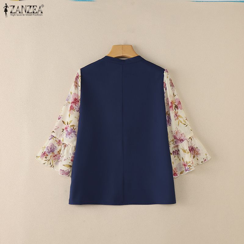 ZANZEA Women Floral Print Splice 3/4 Sleeve Casual V-Neck Blouse