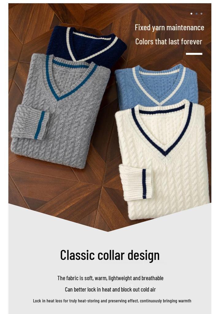 Men's Wool V-Neck Color Block Sweater - Thick Cable Knit for Fall/Winter