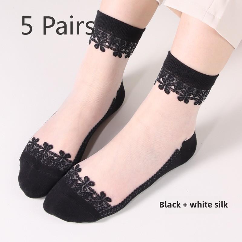 

5 пар женских весенне-летних новых модных шелковых чулок с кристаллами в цилиндрических жаккардовых носках 5 Pairs чёрный/белый