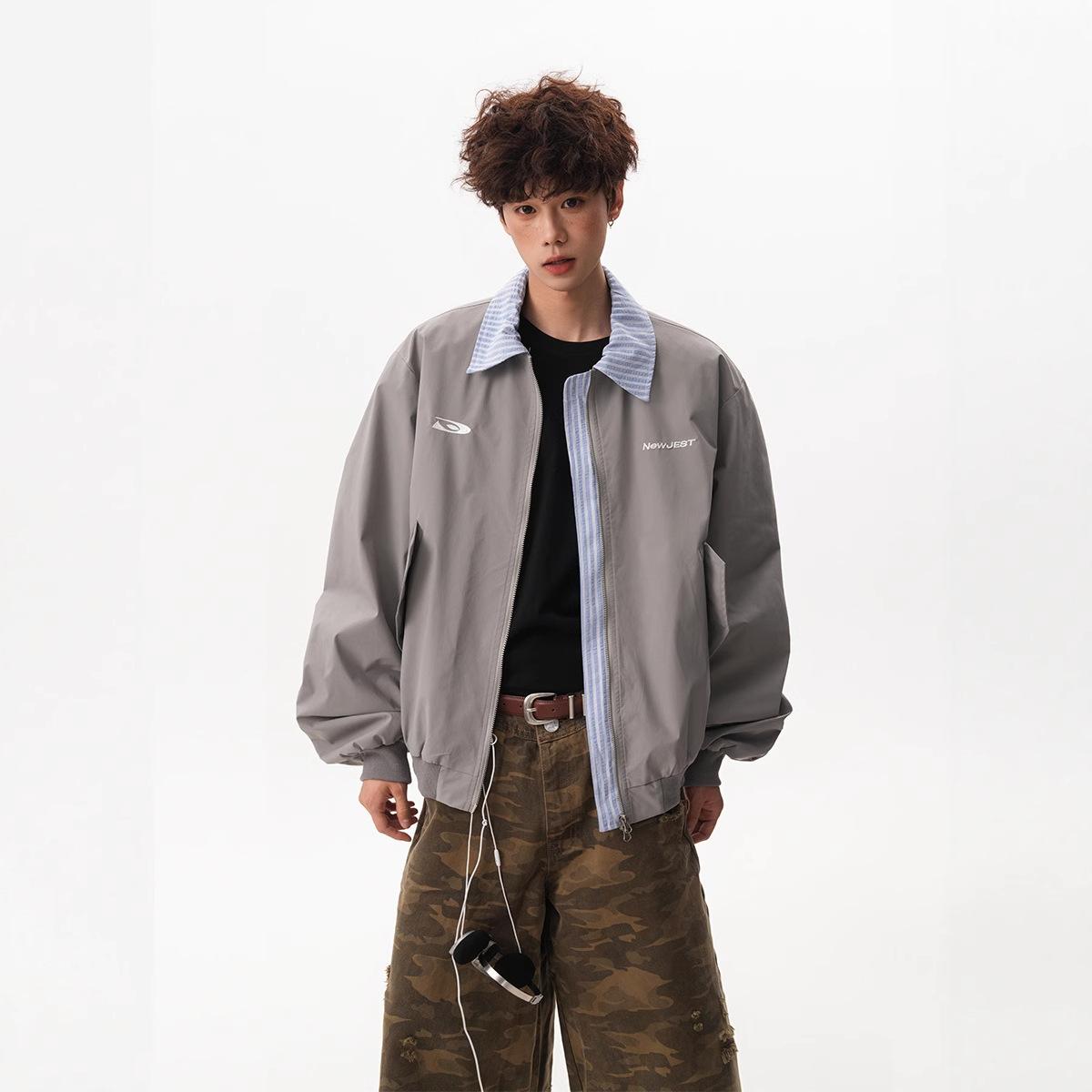 

2025 new fake two-piece lapel jacket men s and women s autumn striped splicing baseball jacket loose couple cardigan 2XL серый