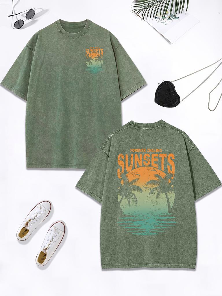 Forever Chasing Sunsets Coconut Tree Prints Washed TShirt Women Cotton Oversized Tops ONeck Distressed T Shirt Casual Clothes