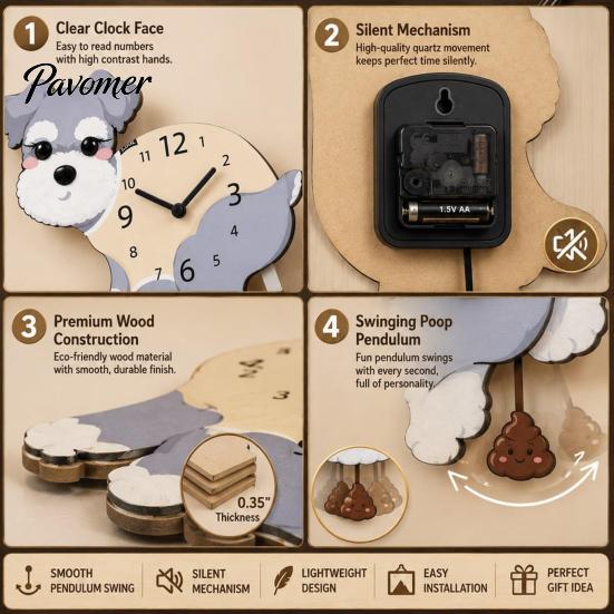 Easy Setup Wall Clock Pooping Dog Clock, Wooden with Swinging Pendulum, Silent Non Ticking Pet Lover for Living Room Home Office, Gift