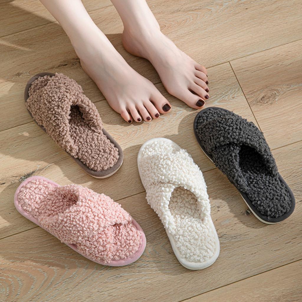 Plüschschuhe, Überkreuzriemen, Baumwollpantoffeln, Damenschuhe, Hausschuhe, Plüsch-Baumwollpantoffeln