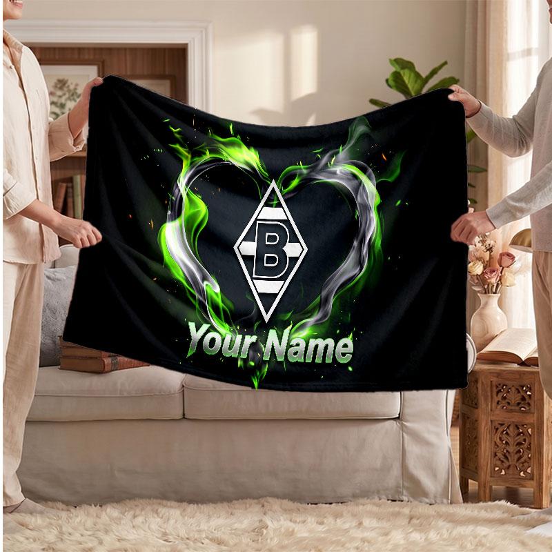 Borussia Mönchengladbach Personalized Fleece Blanket With Football Logo, Custom Name Text Soft Warm Home Throw Blanket