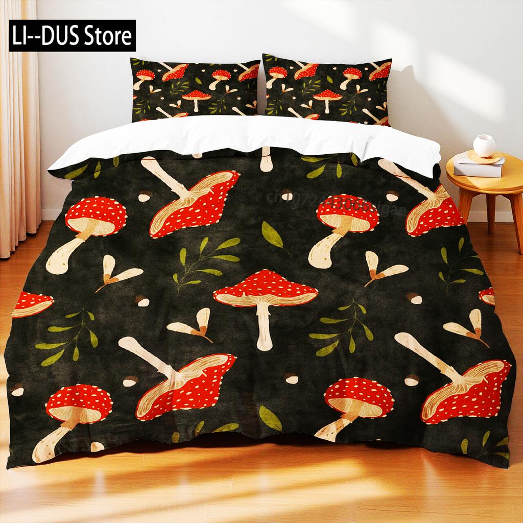 Ložní souprava s motivem hub Barevné houby Listy Motýli Přírodní styl Povlak na přikrývku velikosti Queen Prostěradlo Povlaky na polštáře Domácí textil