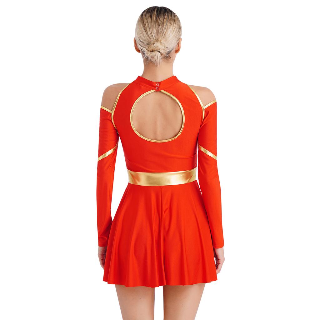 Women Long Sleeve Cold Shoulders Letter Print Dress Cheerleading Costume Uniform Outfit
