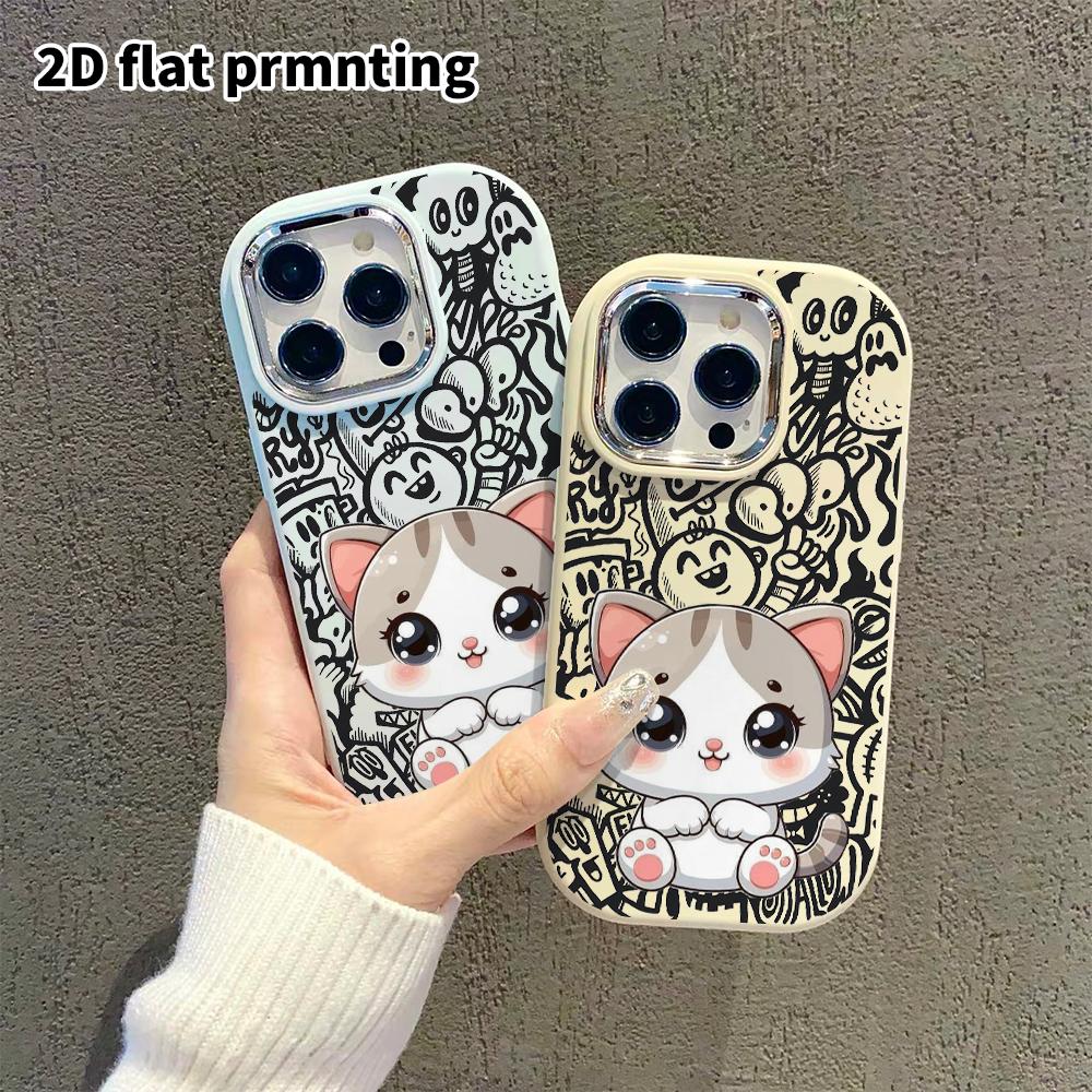 Phone Case: 2D Flat Design Suitable for iPhone 18 17 16 15 14 13 Pro Protective Case, Couple Style, Gray and White Kitten, Christmas and Halloween Gif