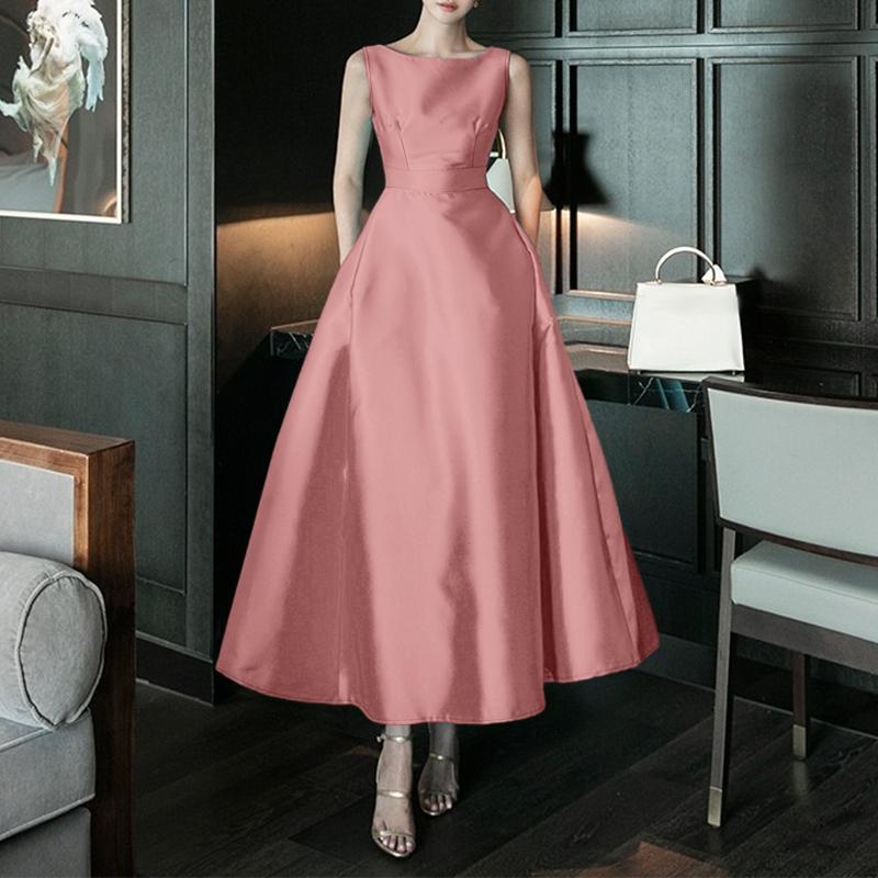 

ZANZEA Women Satin Casual Round Neck Sleeveless Elegant Long Dress 5XL рожевий