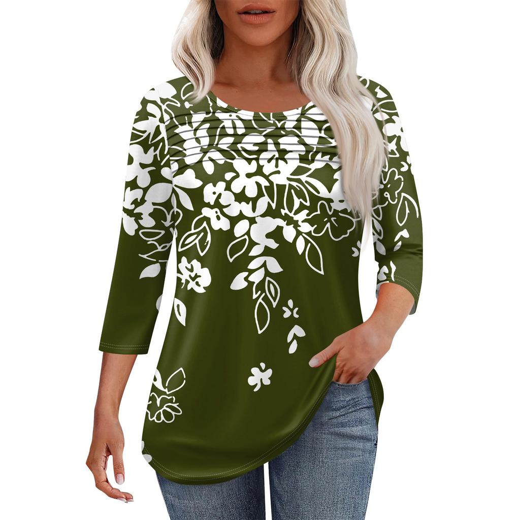 Women's Fashion Round Neck Pleated Front Placket Solid Color 3/4 Sleeve Top