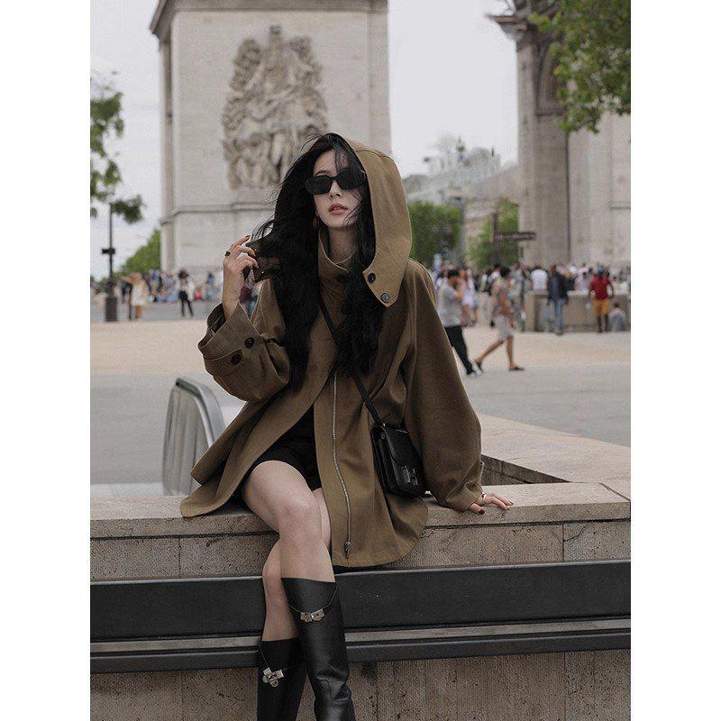 Women's British-Style Hooded Trench Coat: Autumn/Winter, Plus Size, Versatile, Trendy Loose-Fit Cape Design.