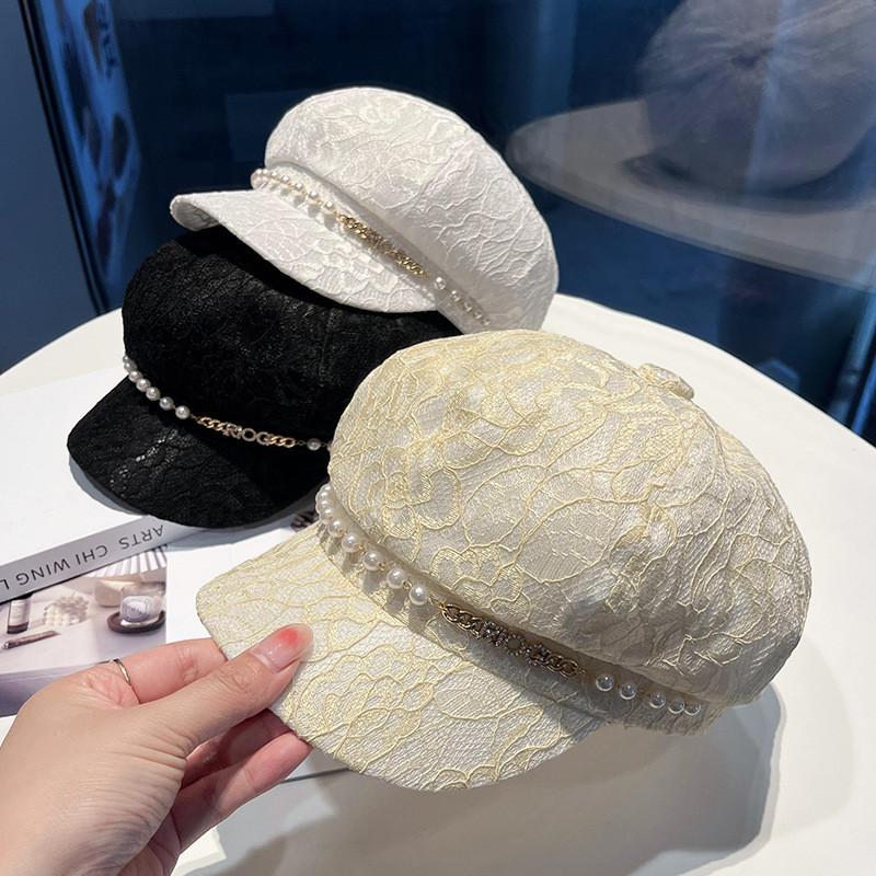 Pearl Chain Lace Octagonal Hat With Wide Brim For Sun Protection And Fashion