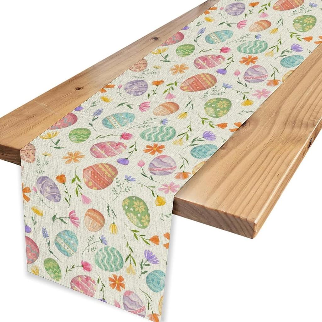 Easter Eggs Floral Linen Table Runner Holiday Party Decor Spring Colorful Flowers Eggs Dining Table Runners Easter Decorations
