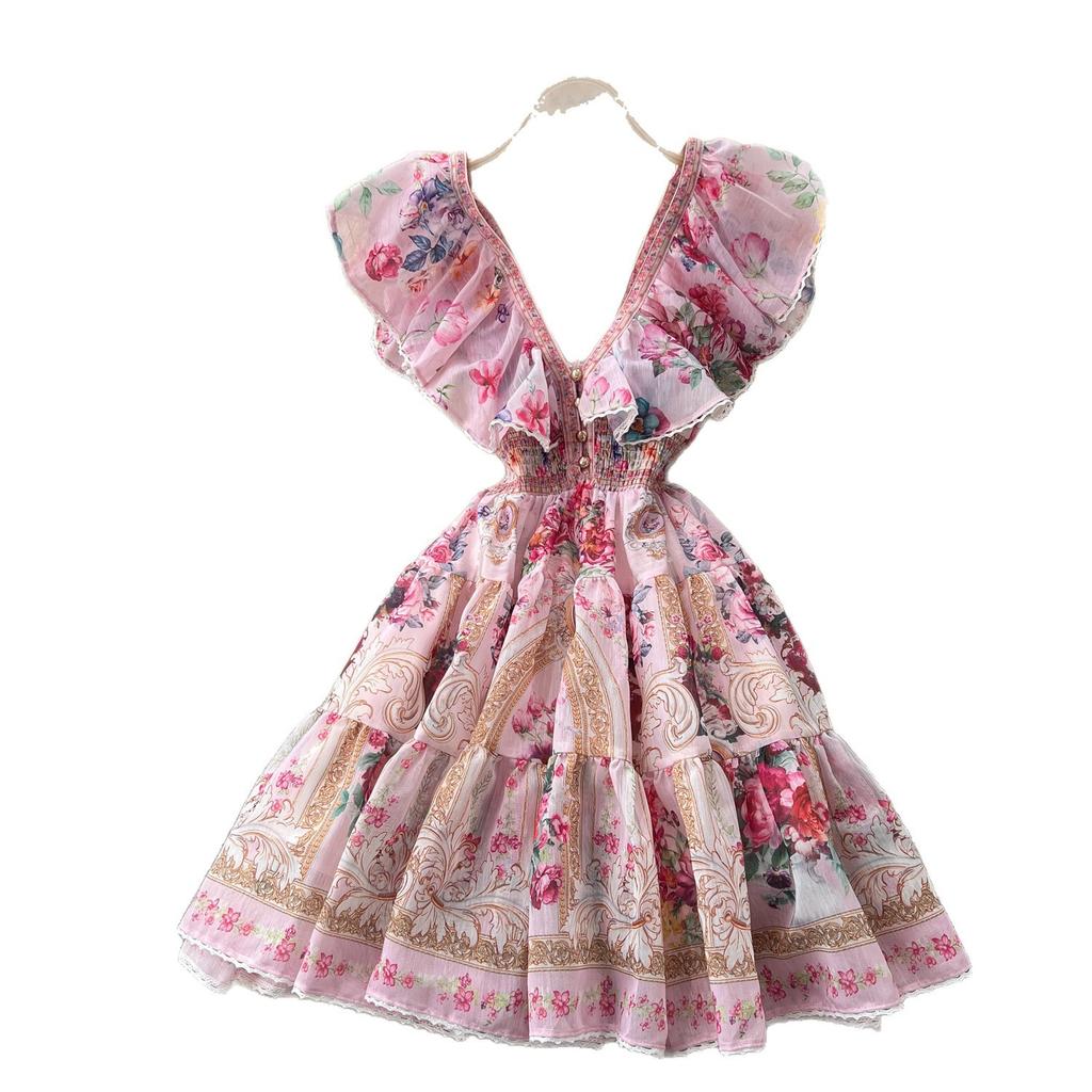 French holiday style V-neck lotus leaf sleeve floral dress female summer princess style thin waist A-word short skirt