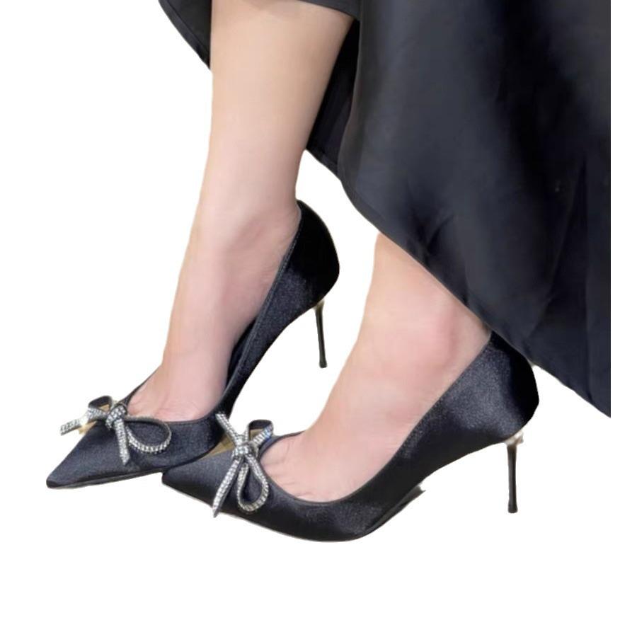 Spring New Black High Heels, Rhinestone Bow, Beautiful Temperament, Pointed Celebrity Stiletto Shoes