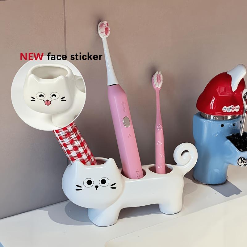 Cute Cat-Shaped Ceramic Toothbrush Holder, Space-Saving Bathroom Storage Stand with Sturdy Base